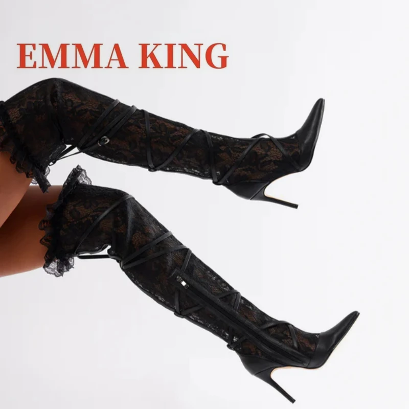 الأبيض الدانتيل مشبك Strappy أحذية طويلة مدبب تو خنجر كعب الجانب سستة الفخذ أحذية عالية المرأة أحذية الحفلات الزفاف الفاخرة 45