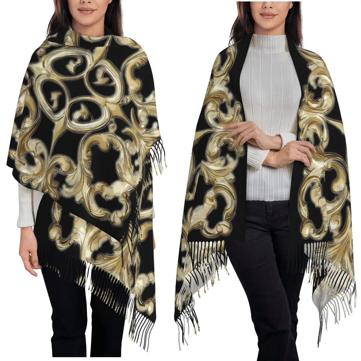 

Watercolor Golden Baroque Pattern Rococo Ornament Scarf Tassel Scarves Women Soft Shawls and Wraps Large Fall Winter Shawl Wrap