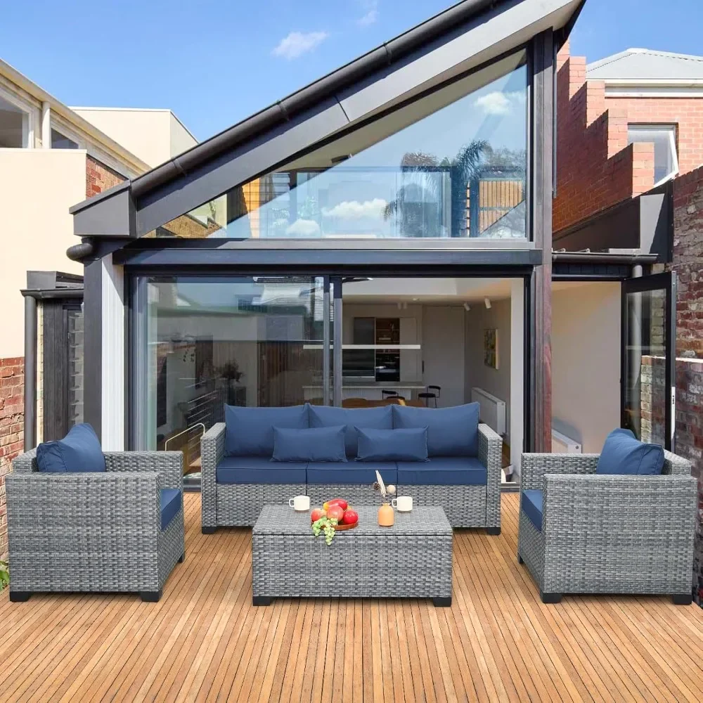 

4 Piece Wicker Patio Furniture Sets Outdoor Conversation Set PE Rattan Sectional Sofa Couch w/ Storage Table and Royal Cushions