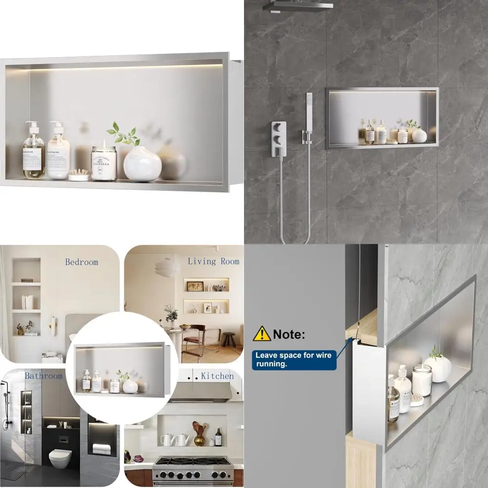 

24x12 Recessed LED Shower Niche with Brushed Stainless Steel and Warm 3000K Lighting