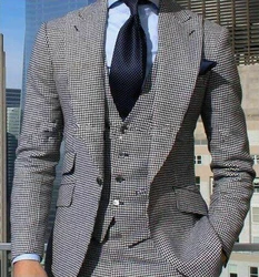 Houndstooth Mens Suit Slim Fit 3 Pieces Peaked Lapel Blazer Wedding Groom Tuxedos for Prom Party Business(Jacket+Pants+Vest)