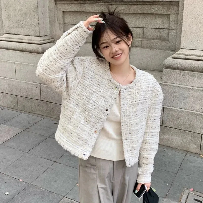 

Women Spring Autumn 2023 New Temperament Contrast Ladies Checker Coat Short Tweed Vintage Ins Jacket