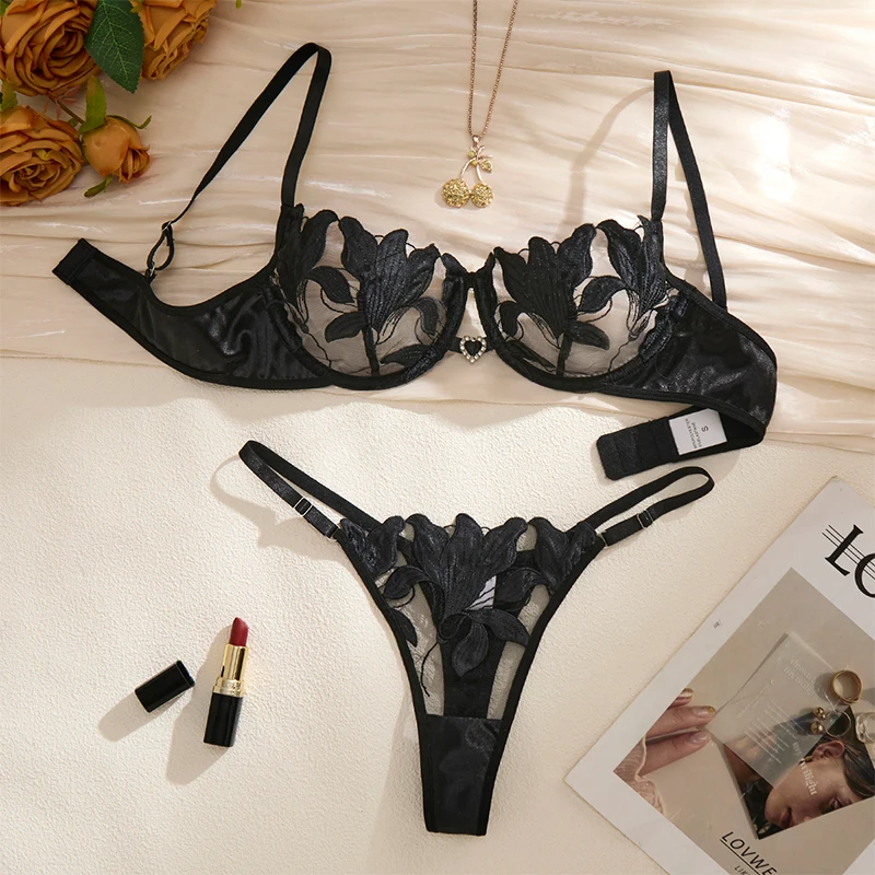 

Lingerie Sexy Adult Bra Set Women's Ethical Underwear French Thin Lingerie Intimate Floral Embroidery Transparent Underwear