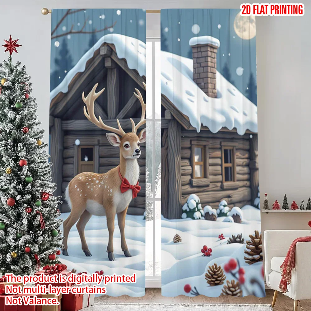 

2pcs 2D flat printing Merry Christmas Popular Curtains Wreath pine cone red fruit winter natural landscape Christmas gift