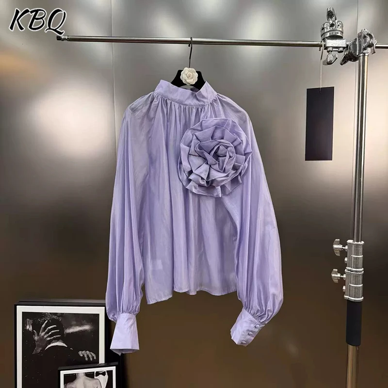 

KBQ однотонная свободная блузка с аппликацией для женщин, повседневная рубашка с воротником-стойкой и длинным рукавом, женская модная стильная рубашка, новинка