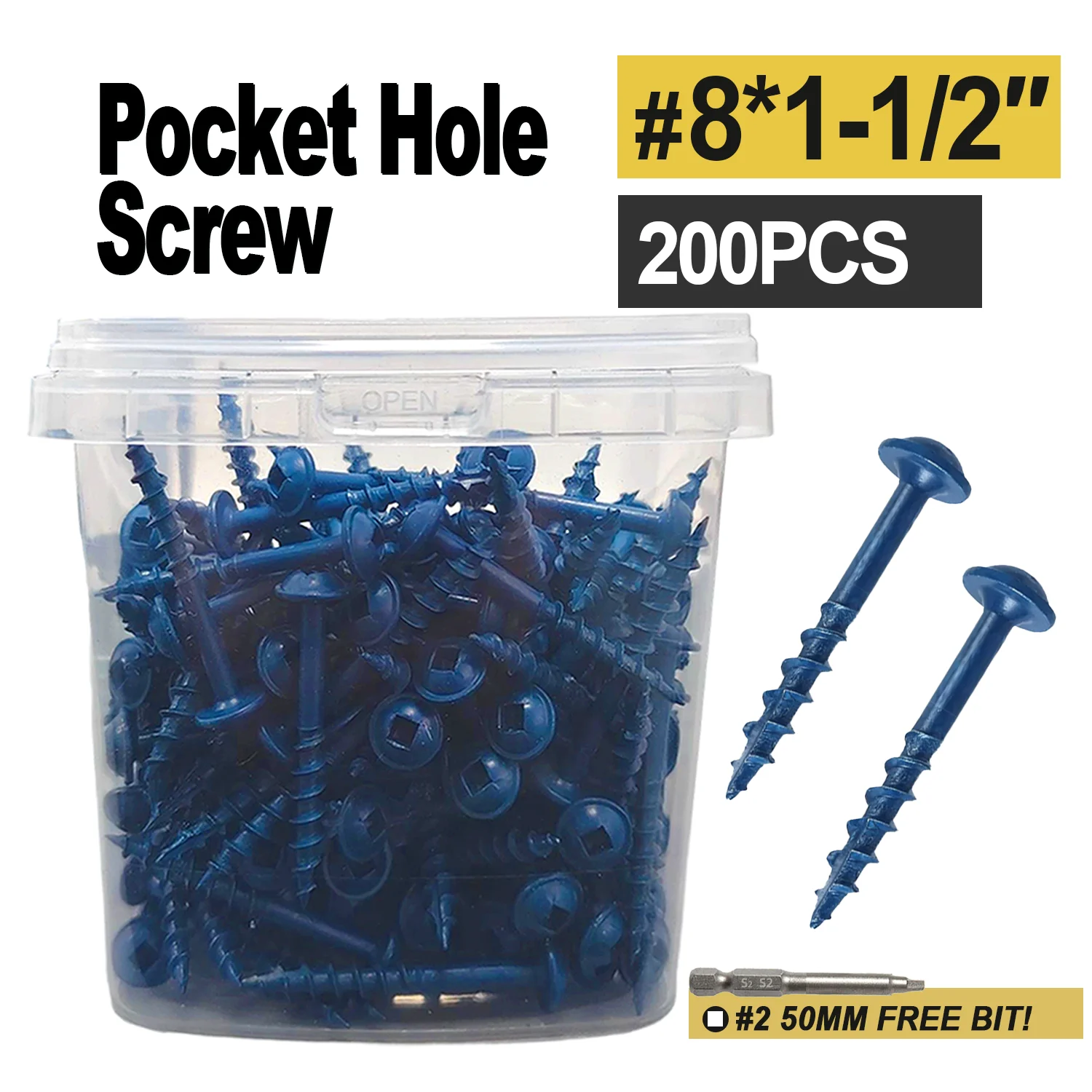 

VKKM1-1/2 Inch Pocket Screws, Square Slot Screws #8*1-1/2, 200Pieces, Blue Anti-rust Coating, Square Drive, Including 50MM Drive
