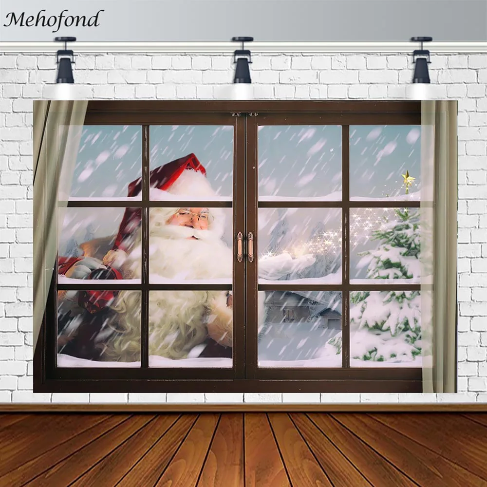 

Mehofond Winter Window Backdrop Snow Santa Claus Curtain Christmas Decoration Portrait Photography Background Photo Studio Props