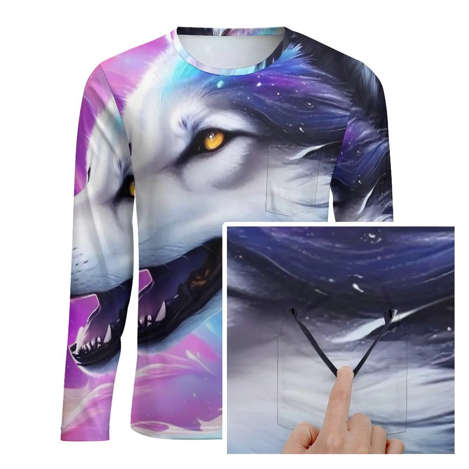 Dreamy Wolf T Shirt With Pocket Animal Print Retro T Shirts Men Classic Tshirt Long Sleeve Custom Tees Plus Size 4XL 5XL