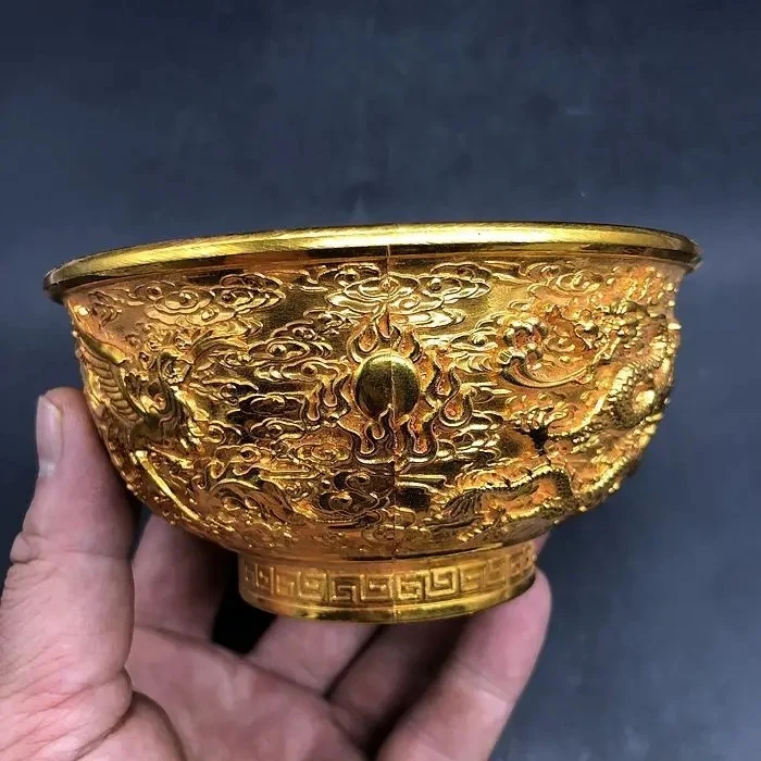 Imagem -04 - Antique Dourado Esculpido Dragão e Phoenix Bowl Home Crafts