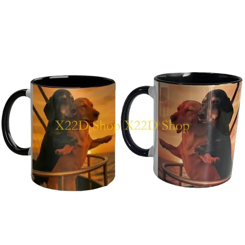 X22D Ergonomic Ceramic Coffee Cup with Dachshund Couple Art Romantics Pose Drink Mug Gift for Couples and Pet Lover