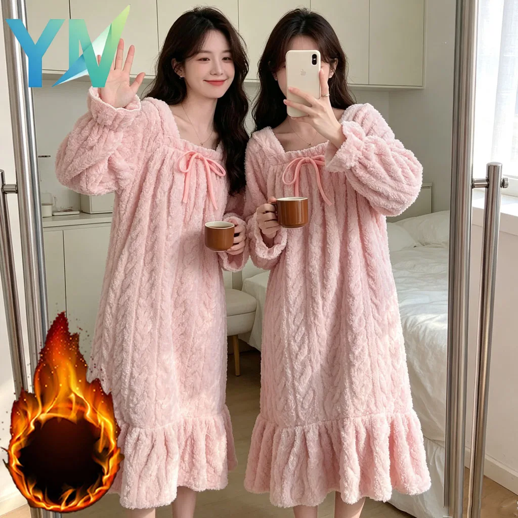 Ladies Plush Nightdress Thickened Sweet Bow Thermal Warm Comfortable Home Dress Fall Winter Long Sleeve Sleepwear