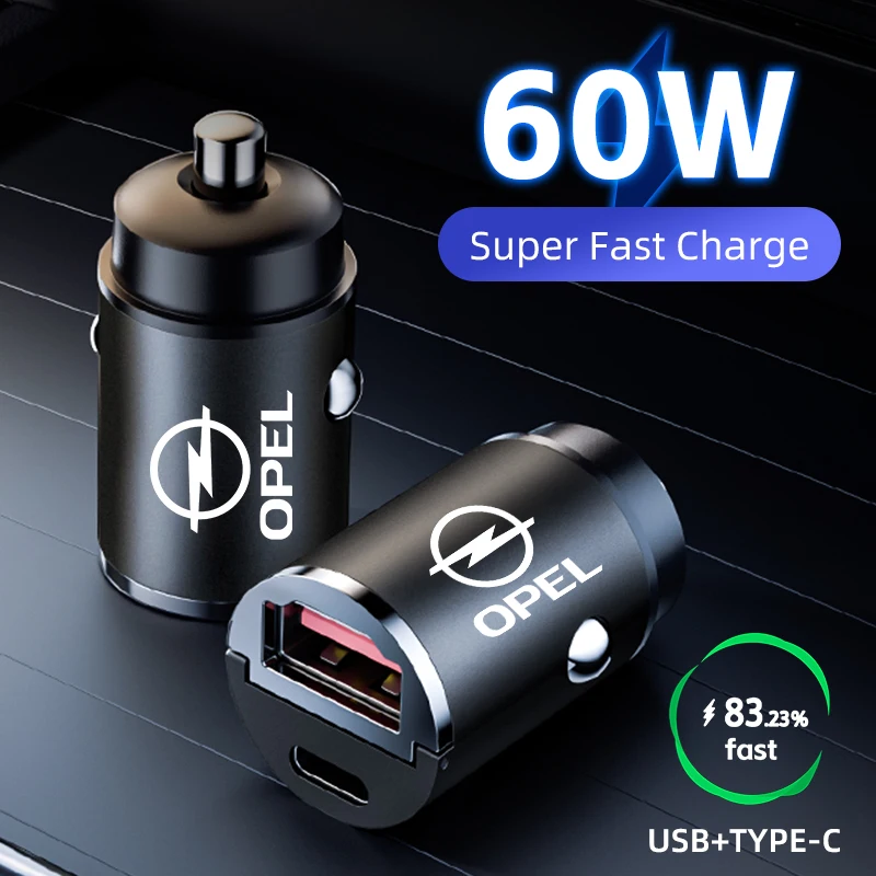 60W Car Charger USB Type-C Fast Charging Cigarette Lighter For Opel Corsa Astra Insignia Vectra Zafira Meriva Mokka Grandland Vi