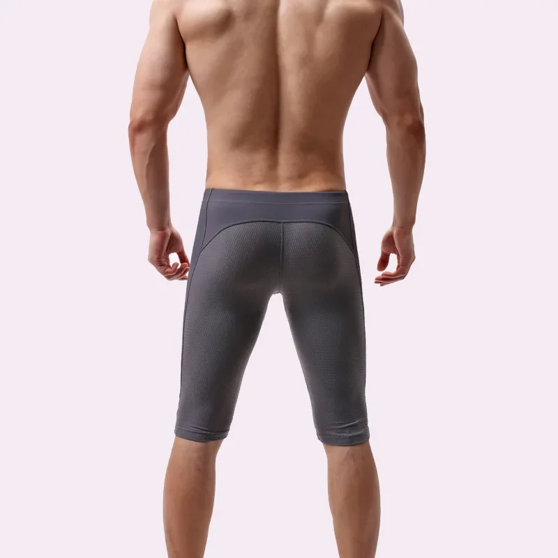 Nylon Mesh Knee-Length Sports Pants for Men Legging Boxer Shorts Strap Tie Lace Up Sports Slim Fitness Mesh Hole Cycling Clothes