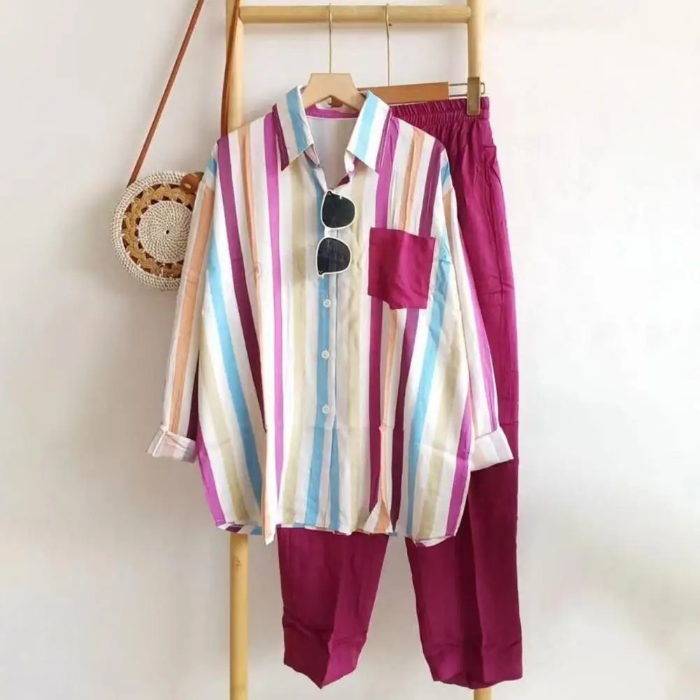 Spring Shirt Pants Set Women's Color Matching Striped Shirt Pants Set with Chest Pocket Single-breasted Blouse for Stylish