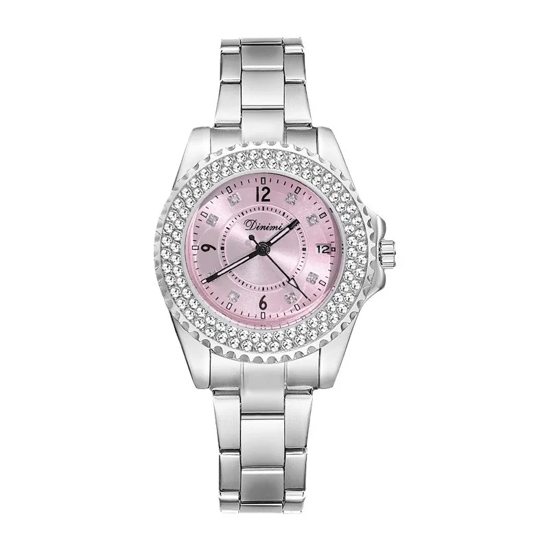 

Dinimi Fashion Temperament Disc Light Luxury Rhinestone Quartz Ladies Watch Elegant Commuter Daily Steel Belt Watch