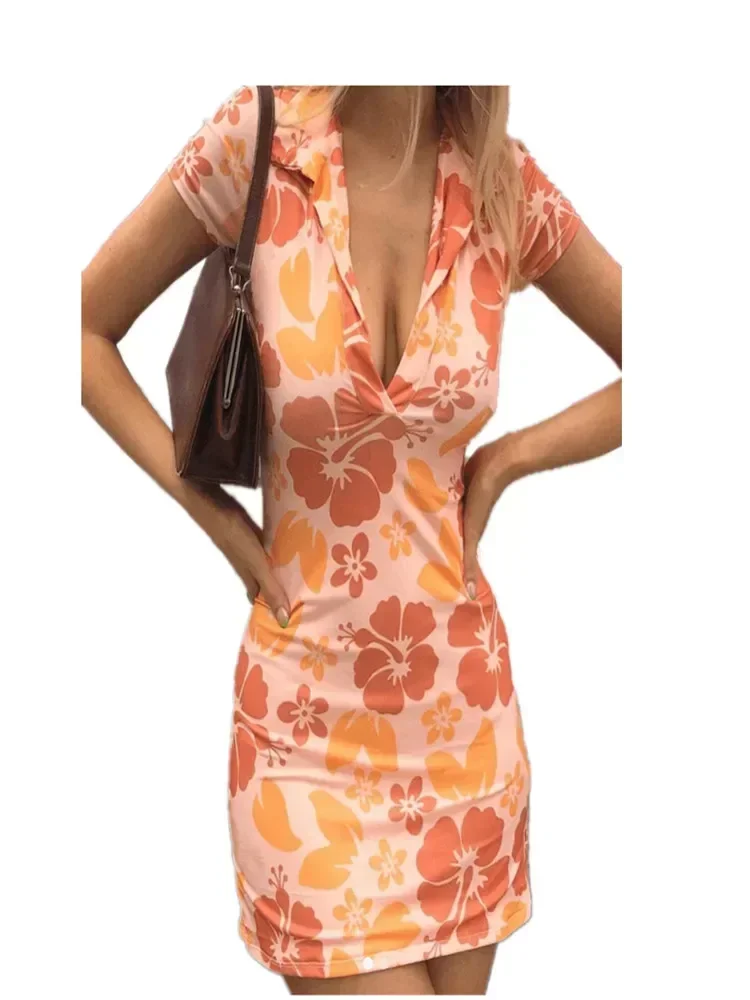 Summer  Women's Sexy V-Neck Stitching Print Slim Shirt Skirt Sweet Super Short Dress