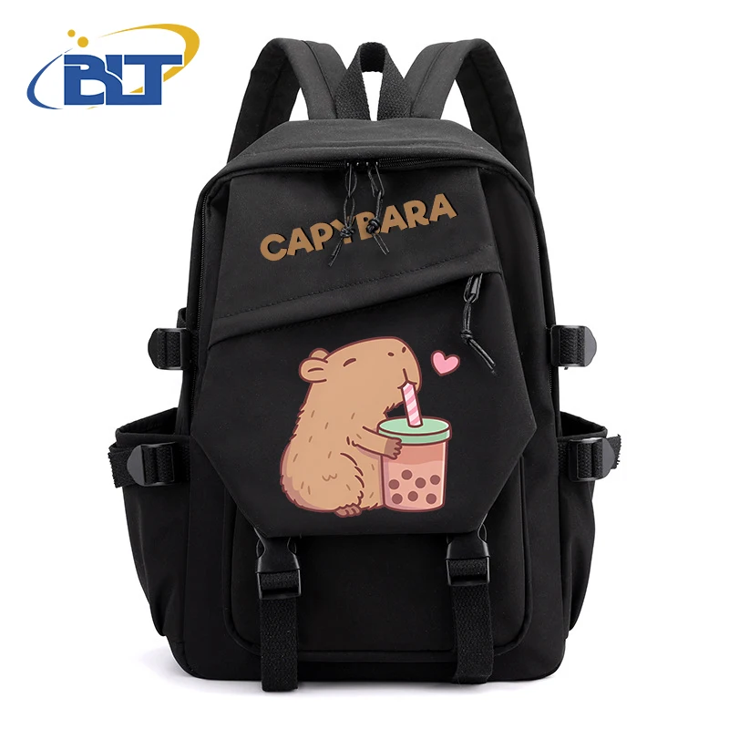 Cute Animal Capybara Printed Student Backpack Black Girls Backpack Primary and Secondary School Students Gift