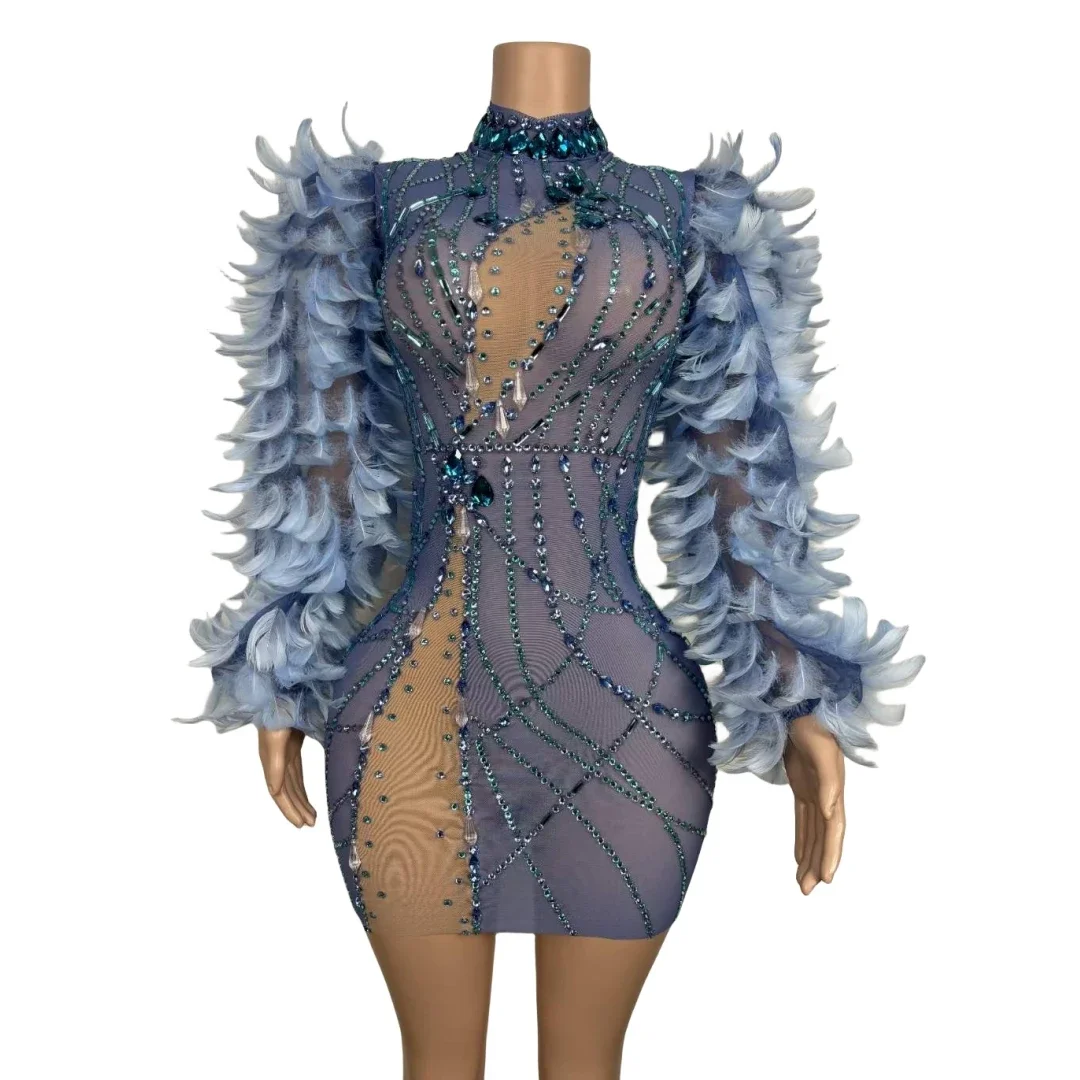 

Women Long Sleeve Rave Drag Queen Outfit Puff Dresses Striped Singer Stage Wear Feather Mini Short Rhinestone Sparkly Dress