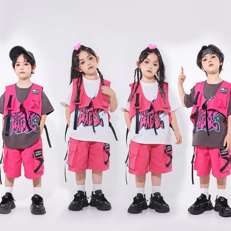 

2024 New Rose Red Vest Loose Shorts Kpop Outfits For Girls Jazz Modern Dance Costumes Boys Hip Hop Dance Stage Clothes DQS16228