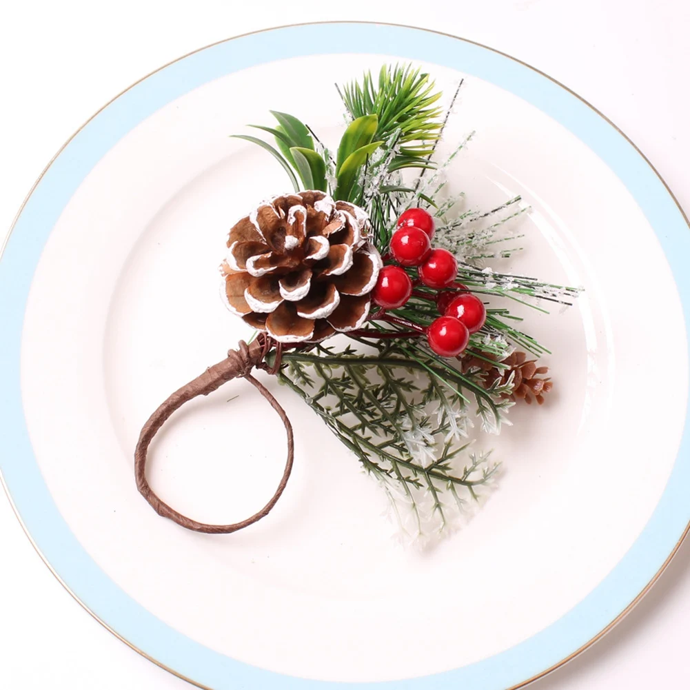 Napkin Rings Set of 6 Pine Needle Berries Christmas Thanksgiving Holiday Rustic Farmhouse Napkin Rings Holders