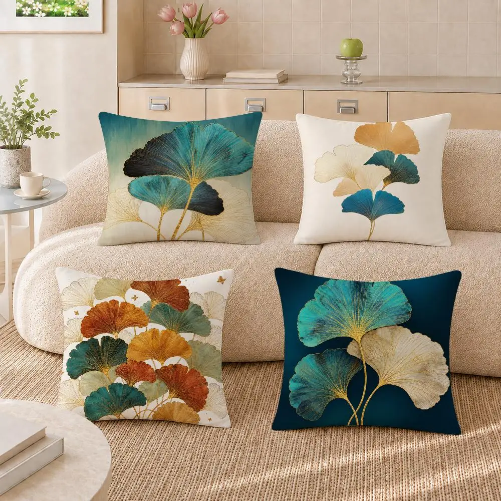 Blue Gold Ginkgo Leaf Art Cushion Cover Pillowcase Sofa Living Room Home Gift Office Decor Protective Covers