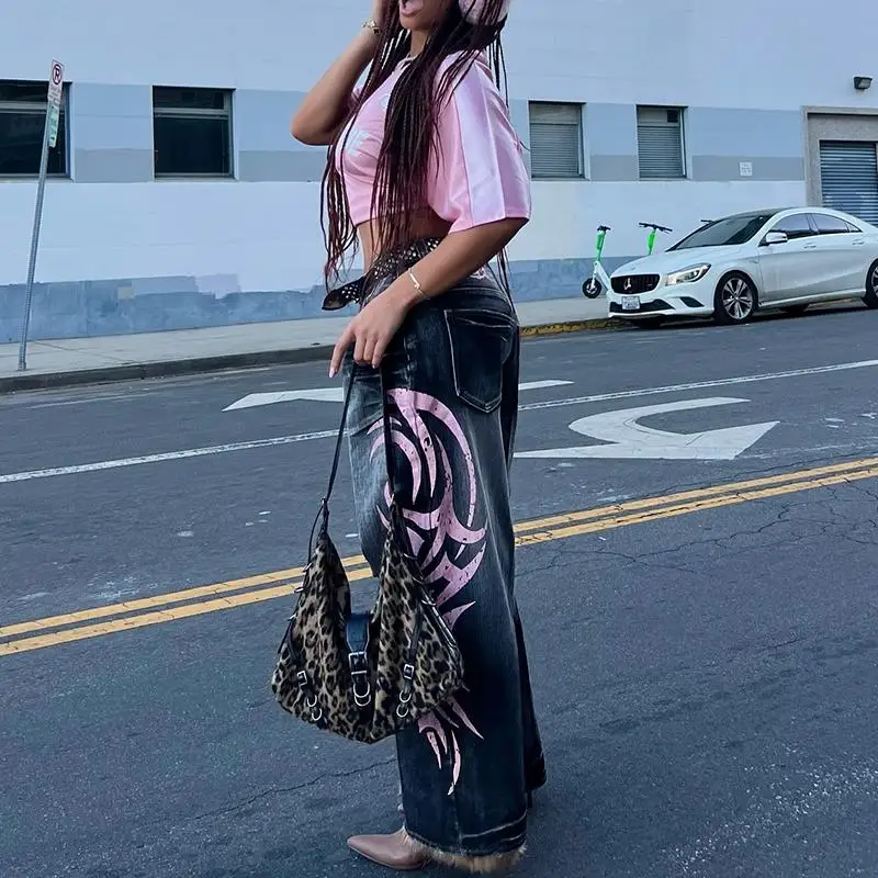 

Jaded London Totem Print Wide Leg Jeans Loose Fit Men Women Long Pants Casual Sle Winter Collection l Waist