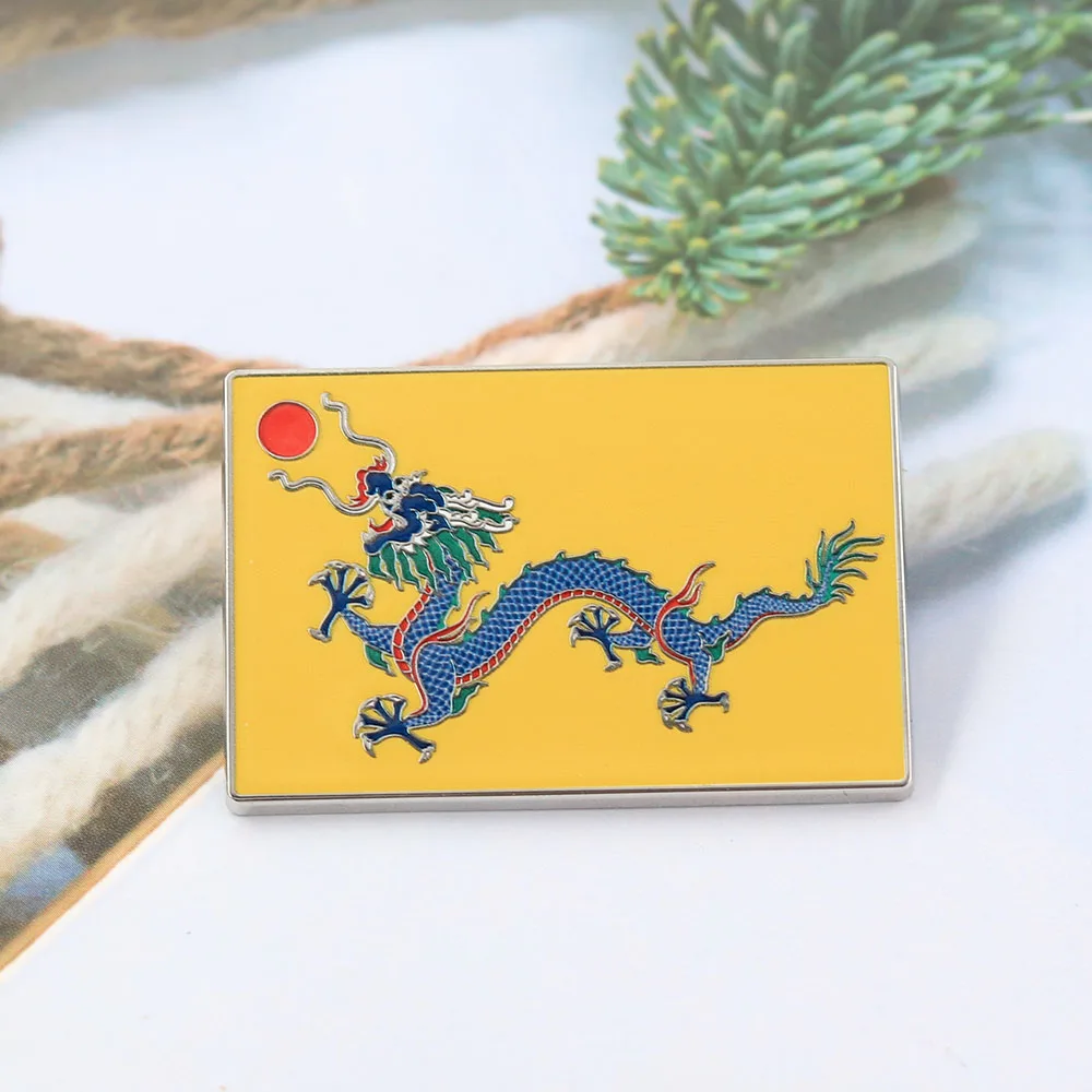 Vintage-Flaggen-Anstecknadeln der Qing-Dynastie, chinesische Drachenflaggen-Broschen, gelb-rote Sonne, kaiserliches Emblem, Abzeichen, Rucksack-Anstecknadel, Schmuckstück – Detail 8