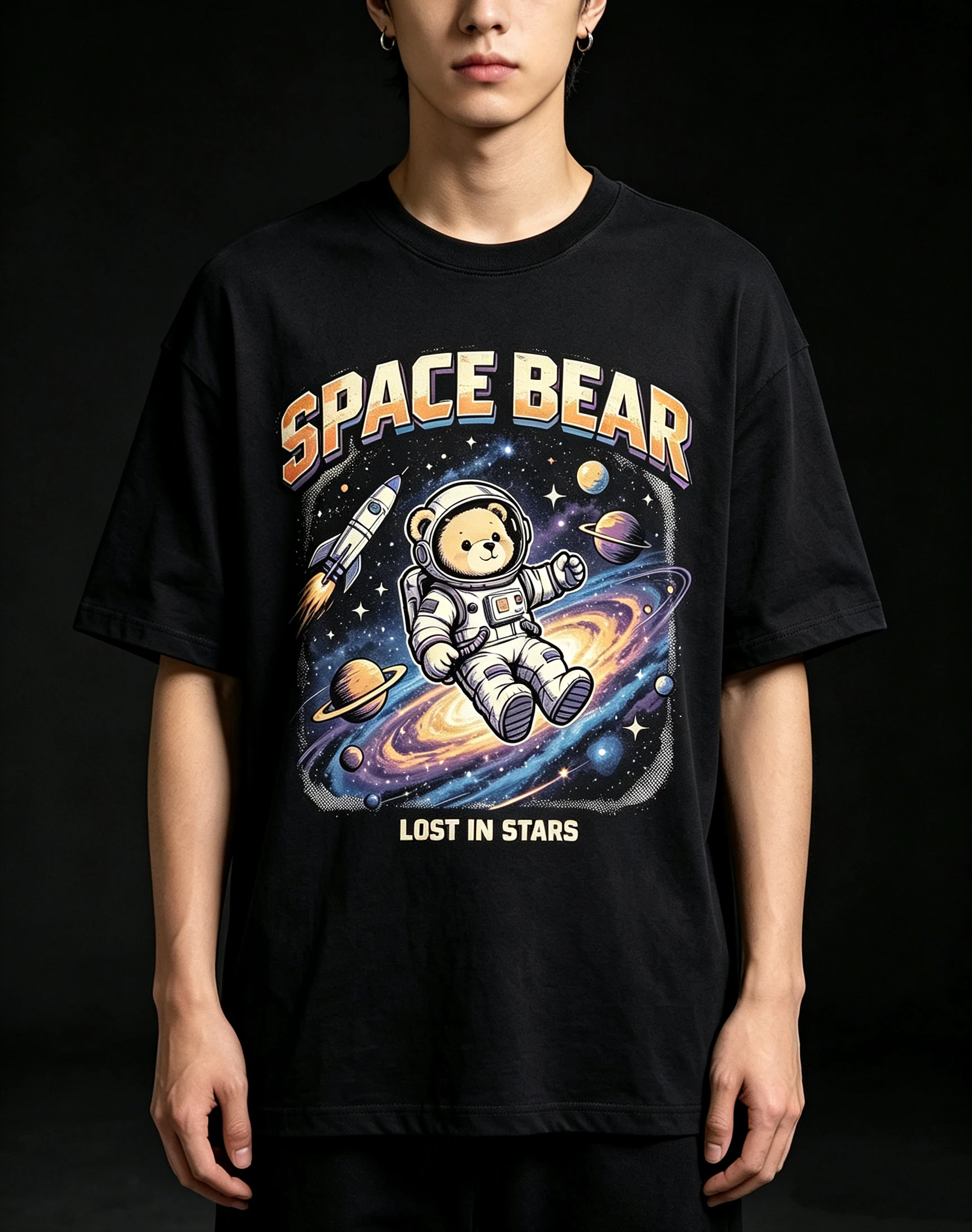 Unisex Space Bear Astronaut Bear Galaxy Graphic T Shirt Men Women Lost In Stars Planet Rocket Cartoon Print Oversized Crew Neck Short Sleeve Casual Streetwear Cotton Top