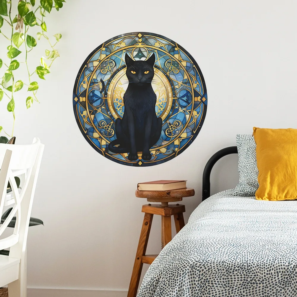 Stained Glass Black Cat Wall Decal, Mystical Blue & Gold Mandala Removable Gothic & Witchy Room Sticker