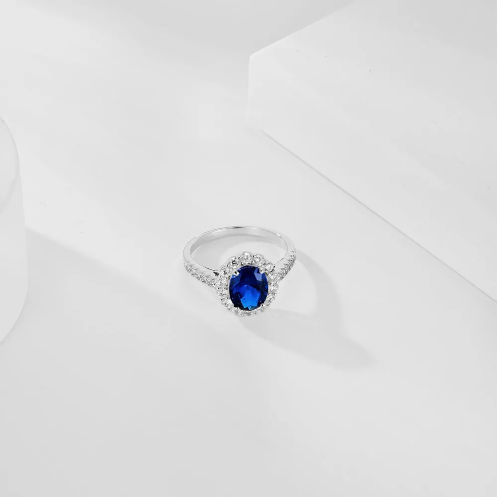 Fashionable 925 Sterling Silver Ring with Sapphire and Zirconia Inlaid High Grade Light Luxury Closed Ring