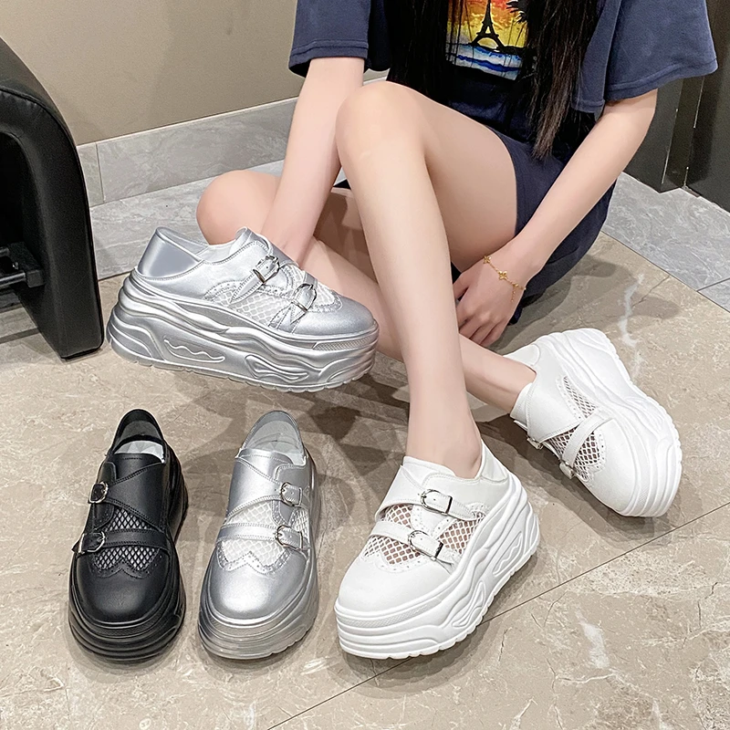 

Women Mesh Platform Sneakers Double Buckle Slip On Muffin Shoes Thick Sole Height Increasing Anti Slip Casual Footwear Ladies