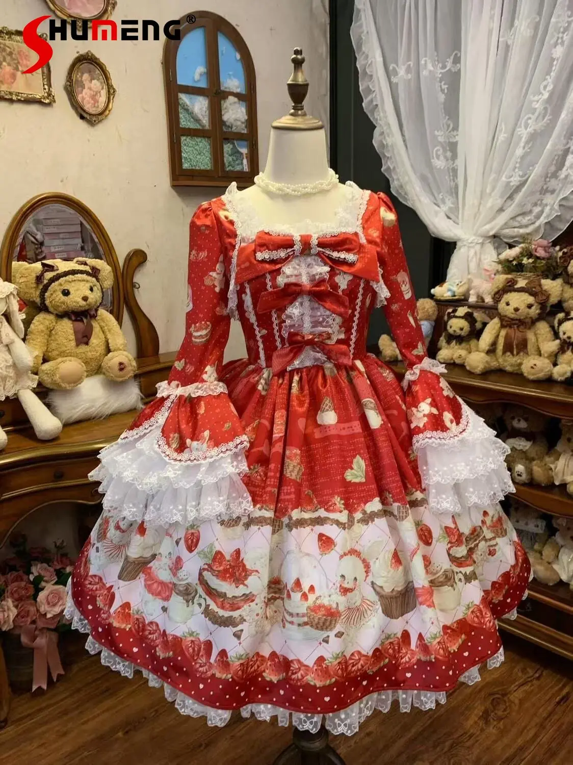 

Strawberry Dresses Op Lolita Red Long Sleeve Dress for Women Spring and Summer New Japanese Cute Girls Sweet Bow Lace Dress