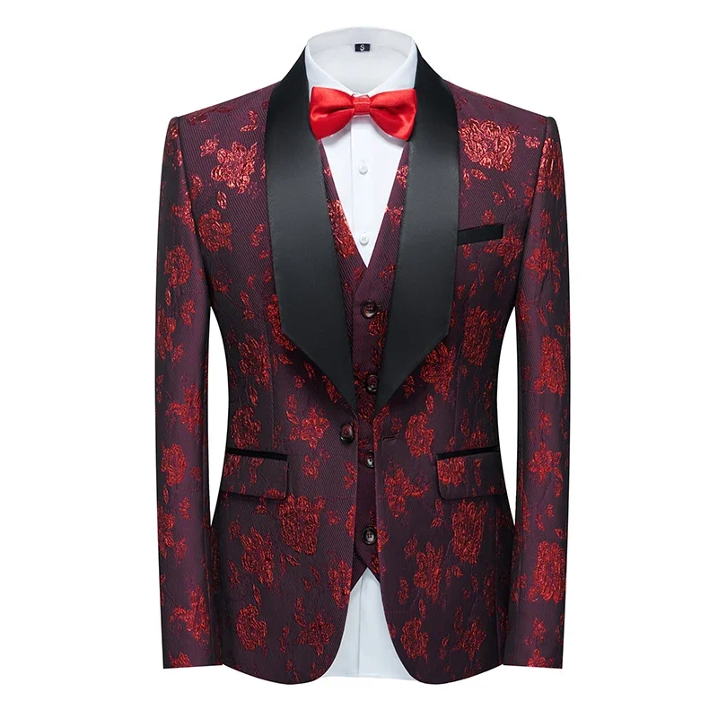 Fashion New Men\'s Casual Business Wedding Flower Suits Coat Trousers 3 Pcs Set / Male Printed Dress Blazers Jacket Pants Vest