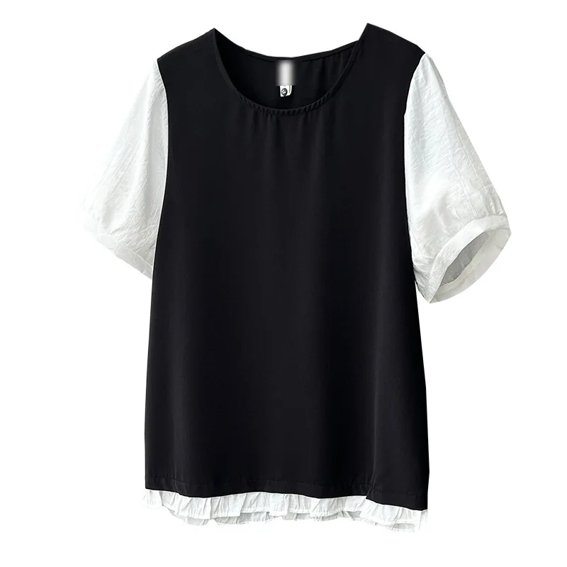 

2026 Summer Curvy Ladies Thin Loose Contrast Color Short Sleeve Tee Ruffle Hem All-match Plus Size Fashion Blouse 816