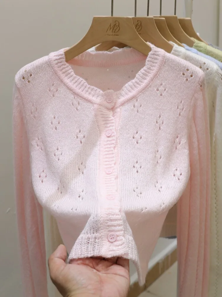 

Мягкий вязаный кардиган, женский Sle Sweet College Edition, ажурный кружевной дизайн, весенне-осенний универсальный топ в стиле ретро