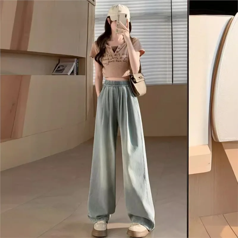 Jeans Women High Waist Ice Silk Summer Thin Light Color Lengthened Slimming Drape Narrow Straight Wide Leg Pants NS5890