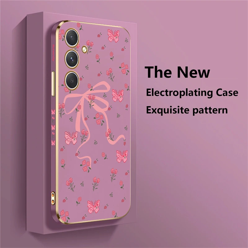 A54 5G Pattern Pink Bow Soft Case For Samsung Galaxy A32 A33 A34 A24 A25 A35 A55 A15 A42 A50 A52 A53 A71 A72 A73 Plating Cover