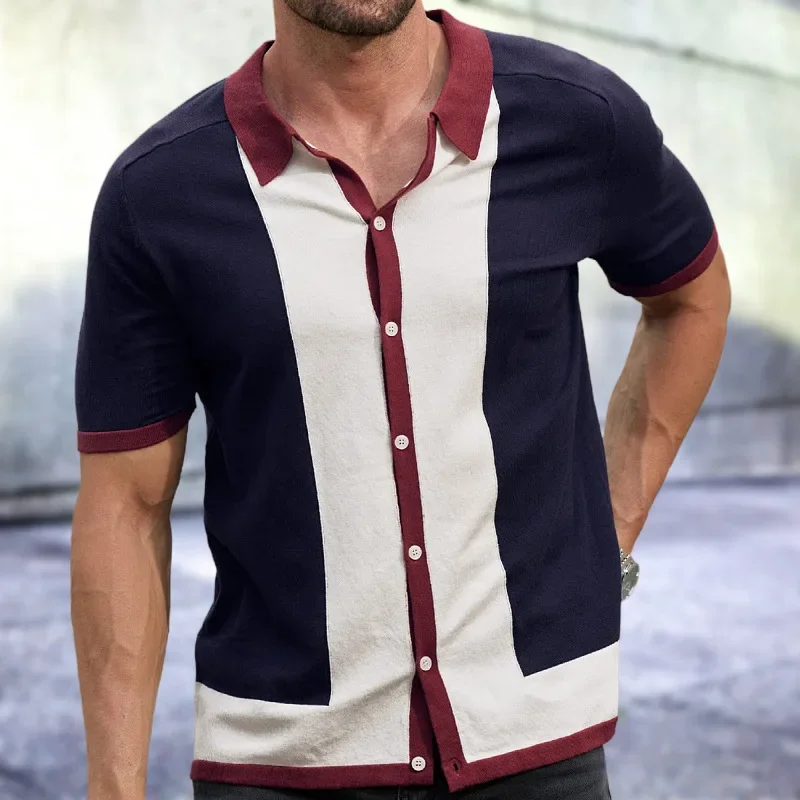 LIBIELIY Europe And The United States Men's Fashion Large Size Single Breasted Patchwork Color Sweater Men's Casual POLO Shirt M