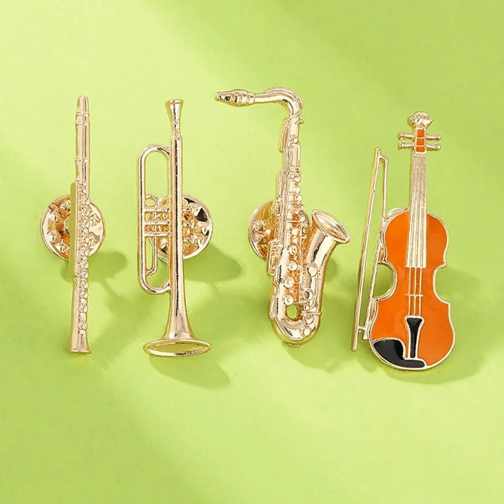 4Pcs Alloy Enamel Brooches Trumpet Clarinet Saxophone Violin Shaped Musical Instruments Lapel Pins Backpacks Decoration