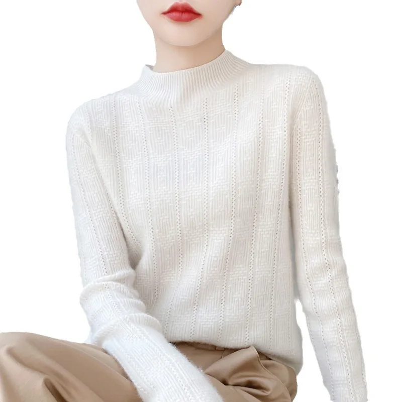 Seamless Half High Neck Hollowed Out Wool Sweater Women's Long Sleeved Solid Color Jumper Winter Warm Cashmere Knit Pullover