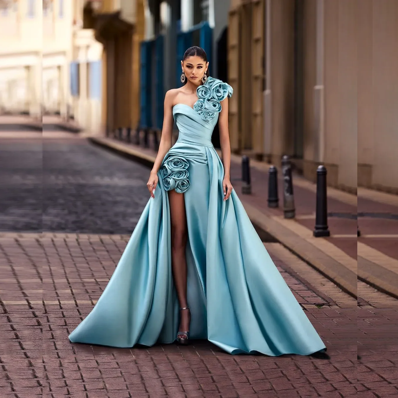 Handmade Flower Evening Gowns Elegant Sky Blue Prom Gowns robe de soiree 3D Floral Formal Party Dresses Draped vestido de festa