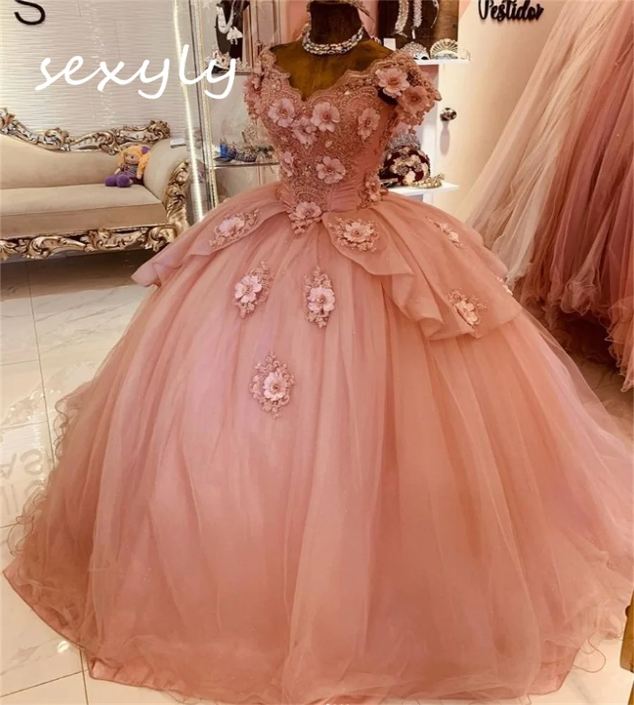 Роскошные розовые платья Quinceanera с цветочным принтом 2024 Cinderalle Vestidos De Xv Años с открытыми плечами Элегантная дебютантка 15 по индивидуальному заказу