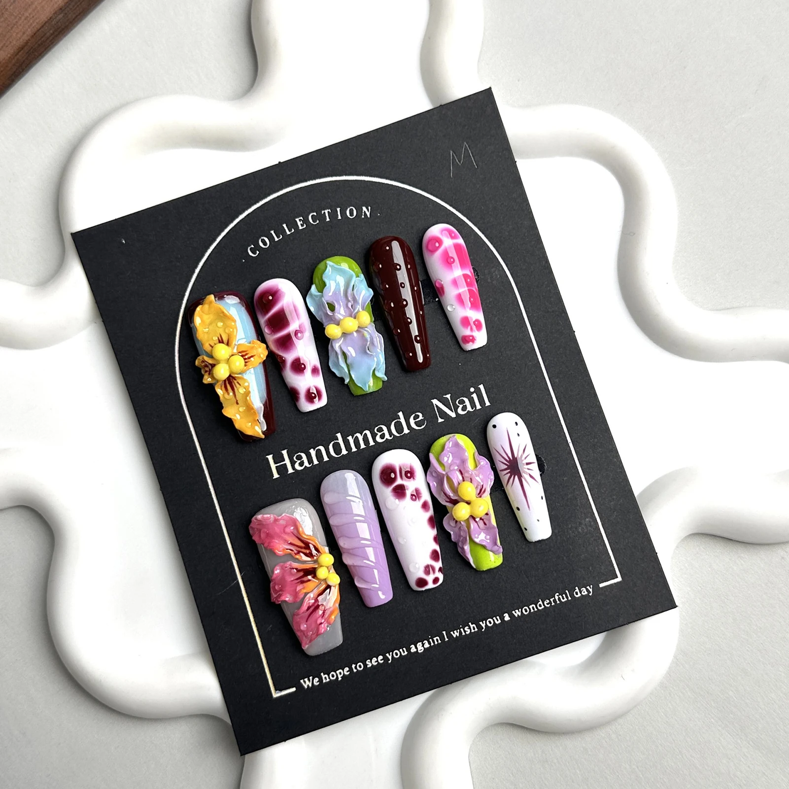 10 قطعة اليدوية طويلة الباليه الصحافة على الأظافر ثلاثية الأبعاد نحت الشيطان زهرة بتلات وهمية مسمار بقع يمكن ارتداؤها التوابل فتاة الأظافر كاذبة #3