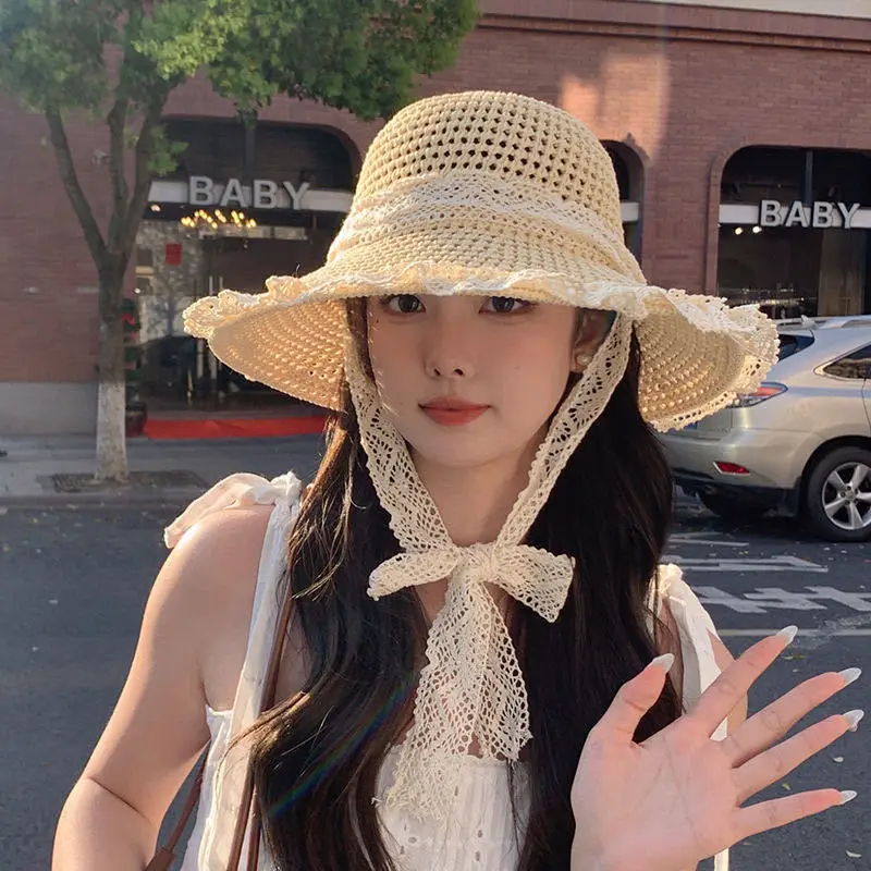 Lace Bow Women Straw Hat Wide Brim Hollow Out Grass Handwoven Visors Bucket Cap Korean Girl Beach Tour Foldable Sunshade Hats