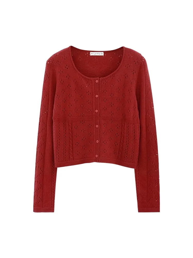 Vermelho retro oco para fora camisola de malha primavera verão fino protetor solar cardigan jaqueta feminina estilo preguiçoso all-matched curto topo