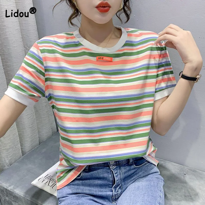 Summer Clothes for Women Multicolour Striped Printing Pullover T-Shirt Casual Round Neck 100% Cotton Short Sleeve Loose Tops