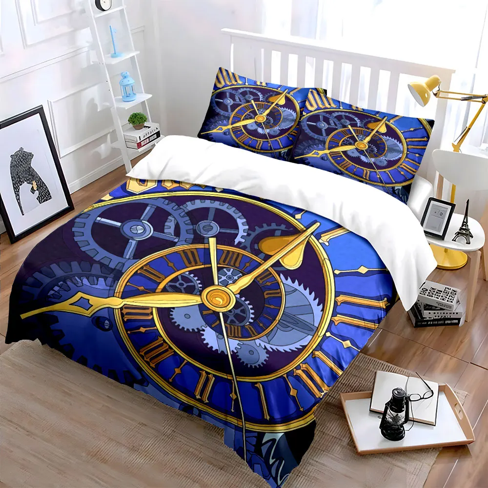 Retro Clockwork Design Decor Set Soft Skin-Friendly Bedding Set Includes 1 Duvet Cover And 2 Pillowcase, Gift