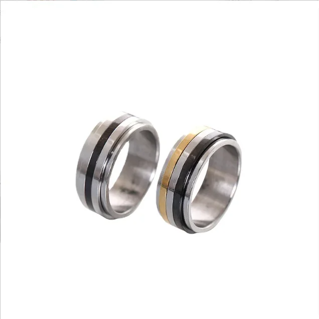 Fashion jewelry simple three sided rotatable glossy stainless steel couple ring for men and women