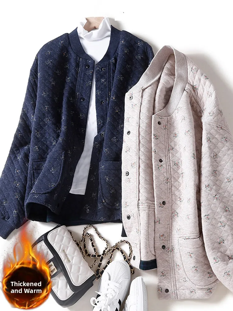 

Хлопковая бейсбольная куртка Thiened, женская зимняя винтажная куртка с цветочным принтом и воротником-стойкой, теплое хлопковое пальто Fem, верхняя одежда