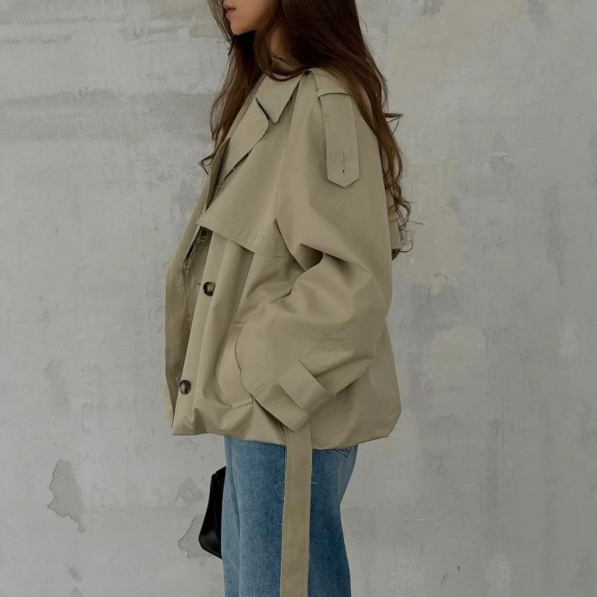 Trench Coat Women Fall New Fashion Street Style Notch Lapel Belted Waist Outerwear